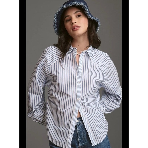 Anthropologie Maeve Stripe Long-Sleeve Cut-Out Shirt Size M $60 - Picture 3 of 7